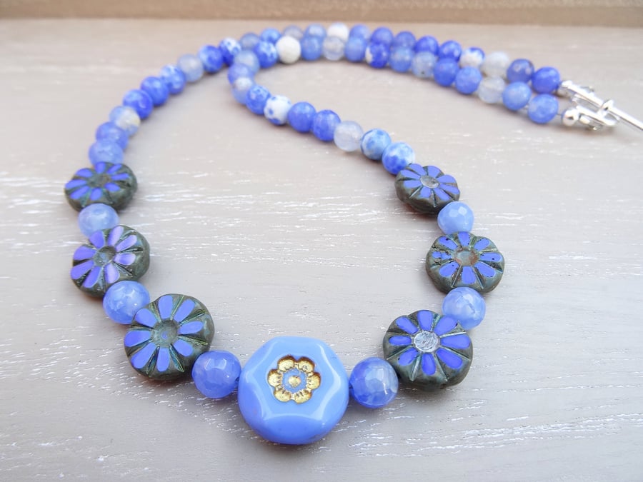 Fire Agate Necklace, Cornflower Blue Necklace, Czech Glass Necklace.