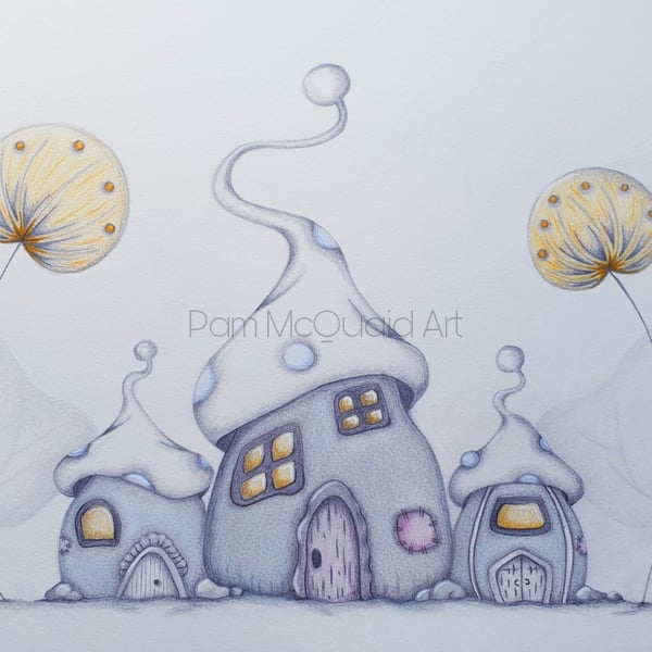 Mushroom House Drawing, Mushroom Art, Mushroom House, House, Whimsical, A3