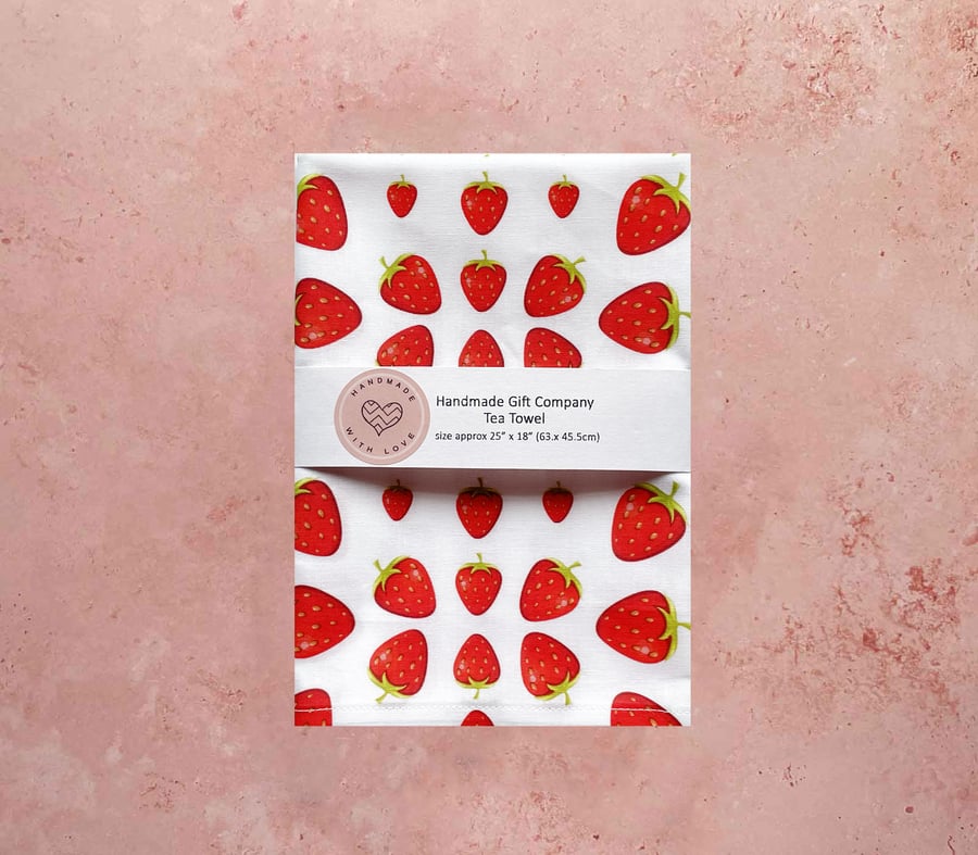 Fabric Handmade Pretty Cotton Tea Towel with a Strawberry Design
