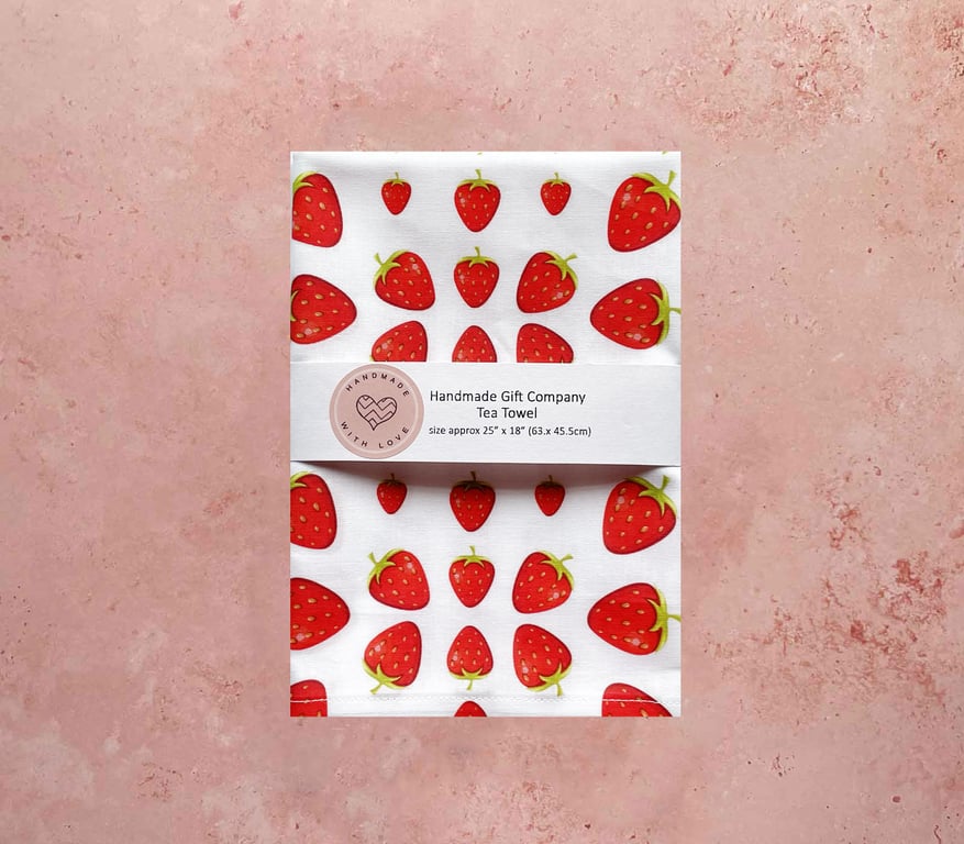 Fabric Handmade Pretty Cotton Tea Towel with a Strawberry Design