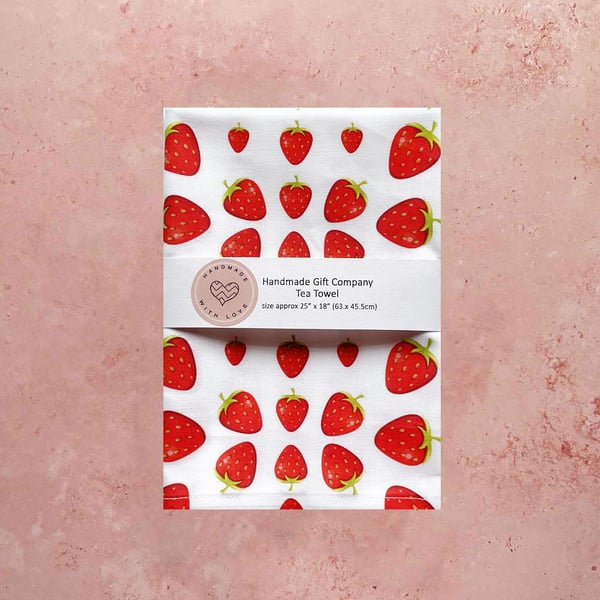 Fabric Handmade Pretty Cotton Tea Towel with a Strawberry Design