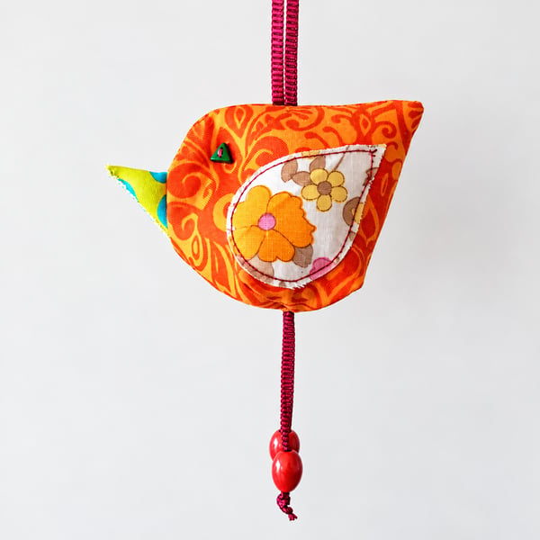 Orange Floral Hanging Fabric Bird Ornament - Textile Bird Decoration