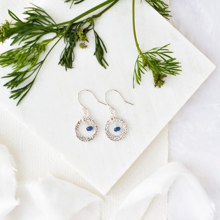 Blue Sapphire and Fine Silver Circle Earrings