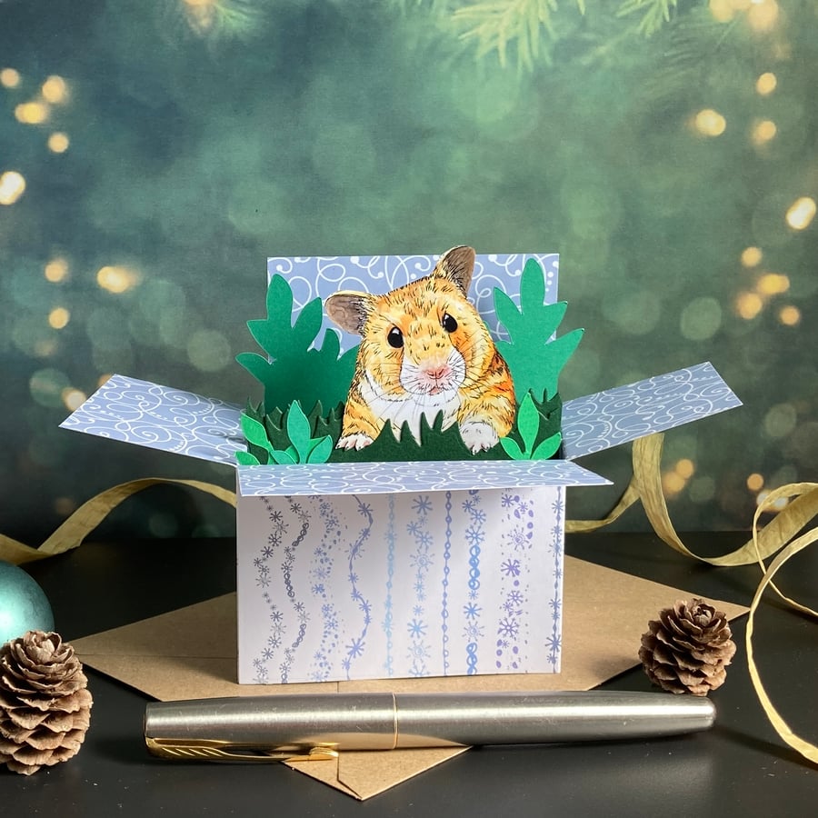 Hamster Christmas Card. 3D box card. Personalised Christmas gift card holder.