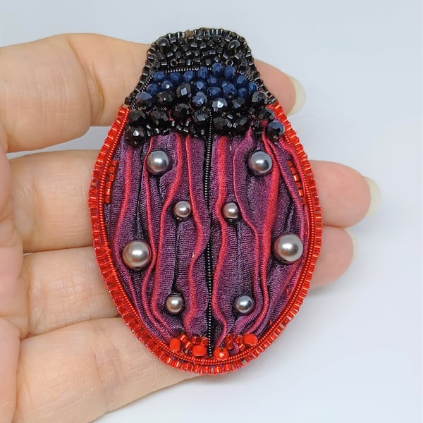 Ladybird Brooch, Hand Beaded Brooch, Ladybird Pin, Shibori Ribbon Brooch, Ladybi