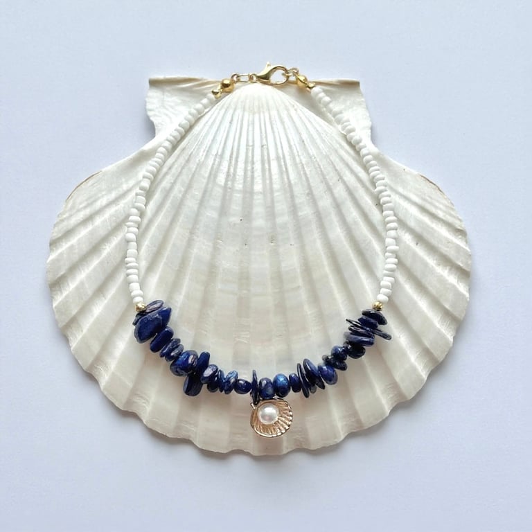 Handmade Midnight Blue Shell Chip bead Anklet