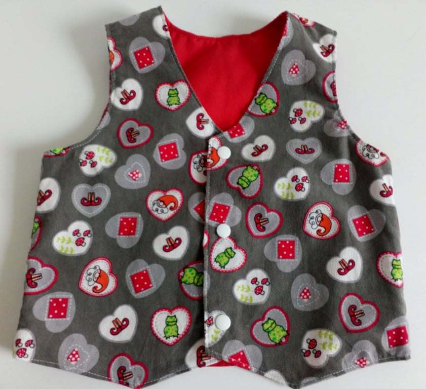 Needlecord Waistcoat, Age 18 months, waistcoat, boys waistcoat, elves, frogs