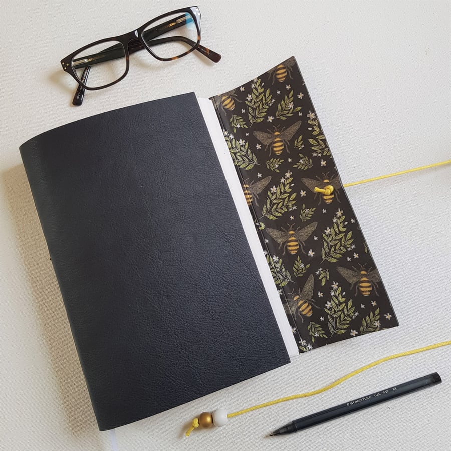 Bee Journal, Hand Bound in Black Leather, gift for bee keepers or bee lovers