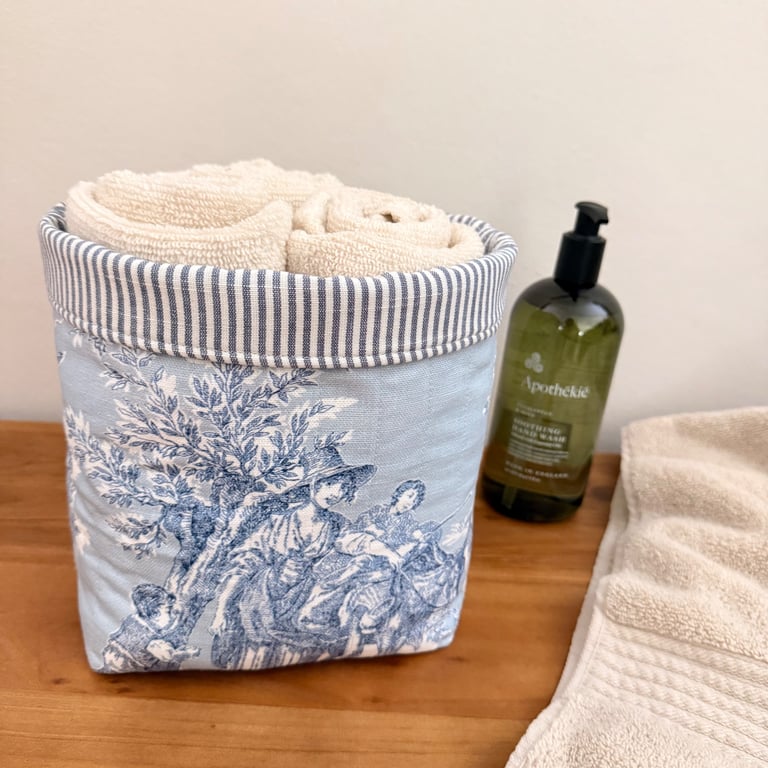 Blue Toile Fabric Storage Basket with Striped Lining