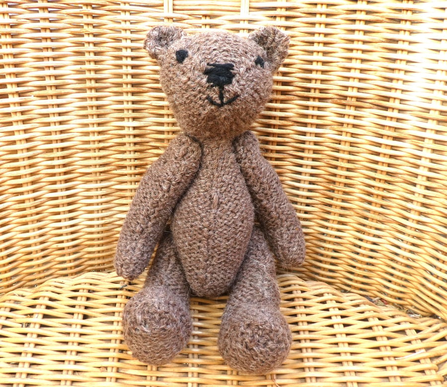 Handmade 8" Brown Teddy Bear knitted in 100% Wool