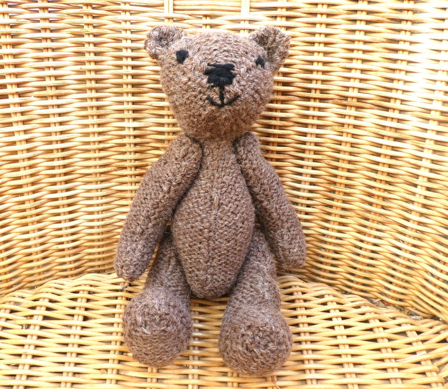 Handmade 8" Brown Teddy Bear knitted in 100% Wool