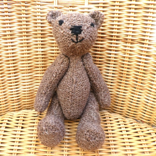 Handmade 8" Brown Teddy Bear knitted in 100% Wool