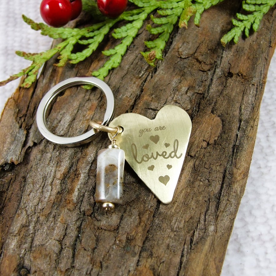 Keyring, Hammered Brass Heart with Engraved Message and Agate Gemstone