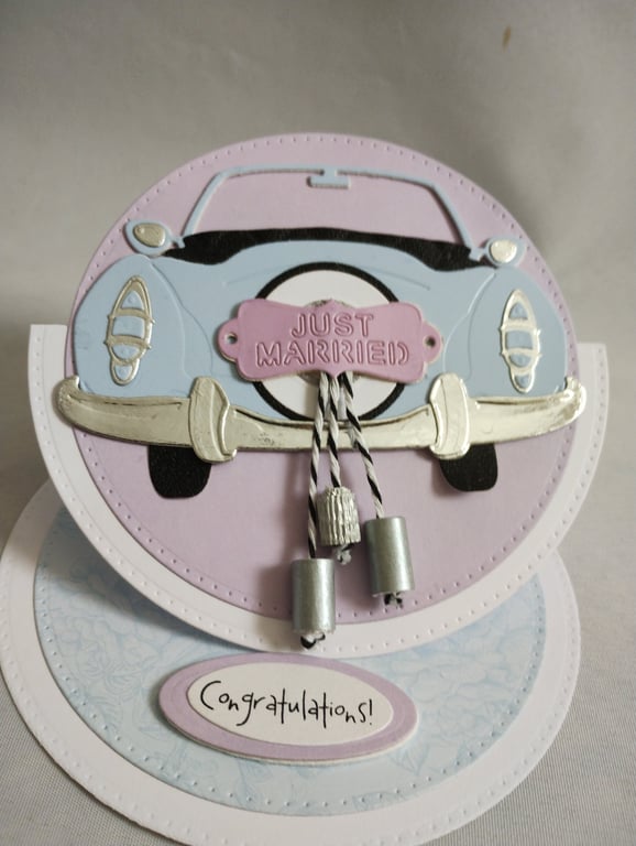 Just Married-Congratulations - an easel card with blue car and dangly tin cans  