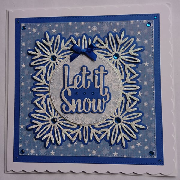 Christmas Card Let It Snow Glitter Snowflakes Stars Blue 3D Luxury Handmade Card