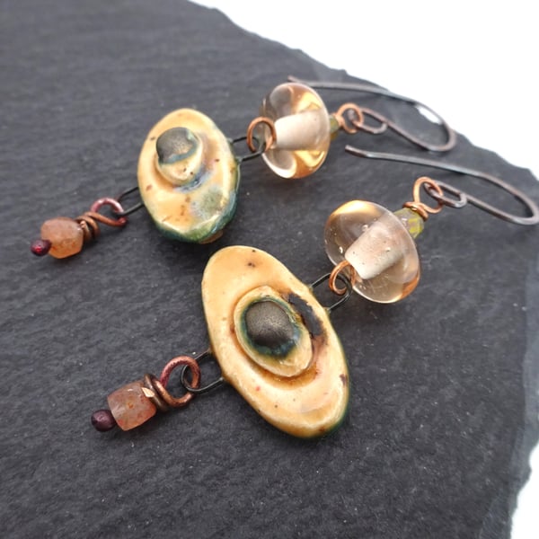 peach pink lampwork glass and ceramic earrings, copper jewellery