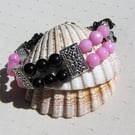 Pink Morganite & Black Onyx Gemstone Beaded Tibetan Silver Bracelet