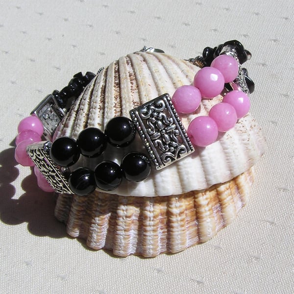 Pink Morganite & Black Onyx Gemstone Beaded Tibetan Silver Bracelet
