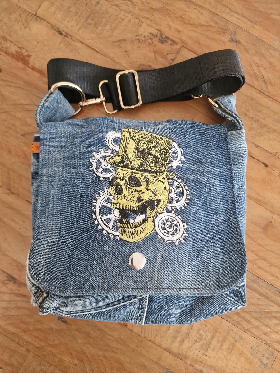 Handmade Upcycled Denim Steampunk Skull Crossbody Bag