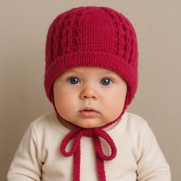 Baby hat with ear flaps in dark red burgundy  6 - 12 months 