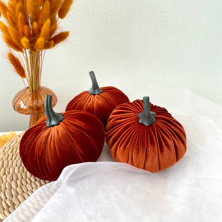 Set of 3 Rust Orange Velvet Pumpkins Autumn Table Decor Cosy Plush Pumpkins 