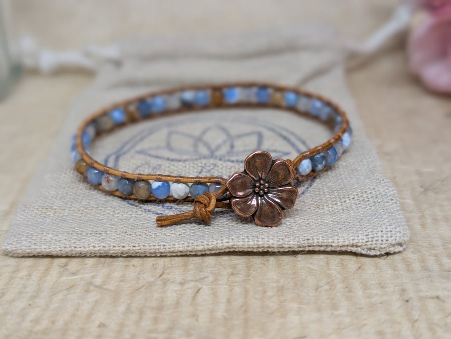 Blue mix fire agate and brown leather bracelet with copper button fastener