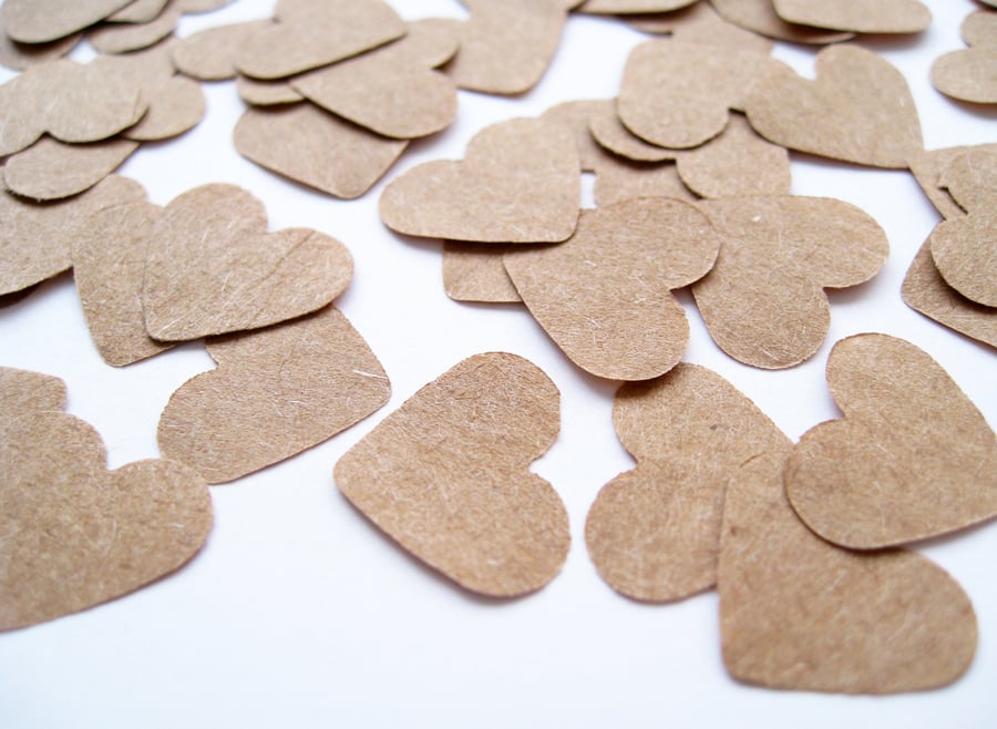 200 x 1 Inch Brown Kraft Paper Confetti Hearts - Wedding Decor Party Rustic
