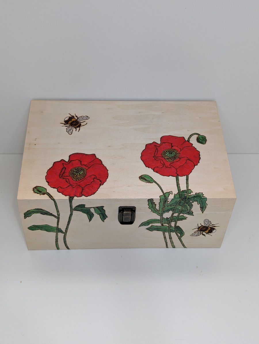 Poppies wooden memory keepsake box, pyrography poppy design, decorative storage 