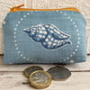 Small purse, coin purse with blue and white whelk seashell