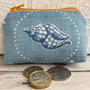 Small purse, coin purse with blue and white whelk seashell