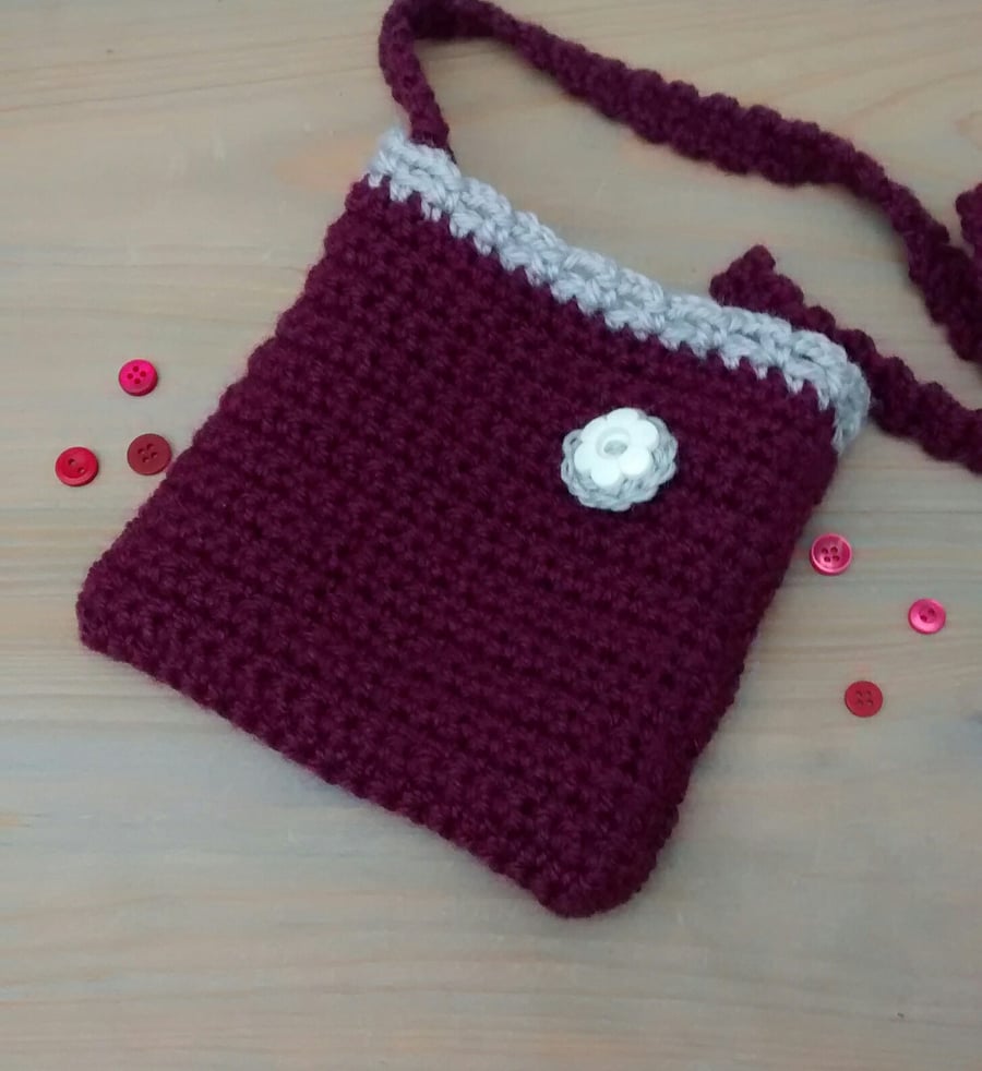 Girls Crossbody Bag, Plum with Grey, Handmade 