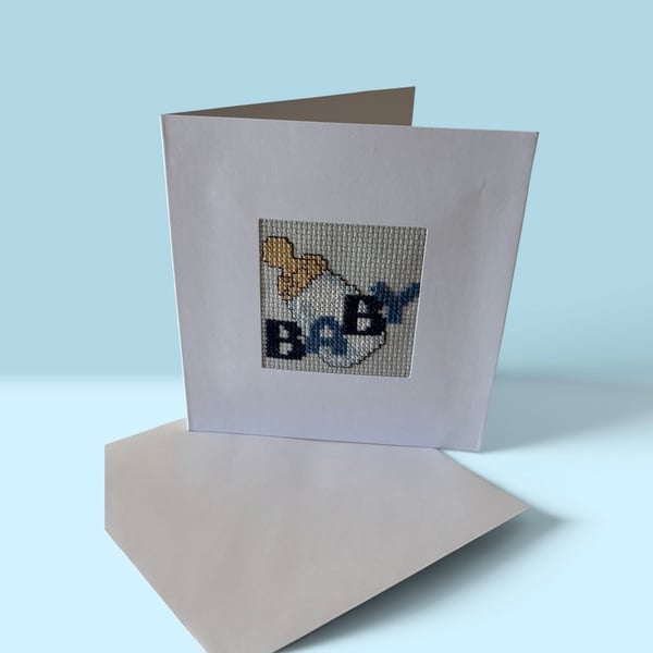 Handmade Cross Stitch New Baby Greeting Card - Blank Inside