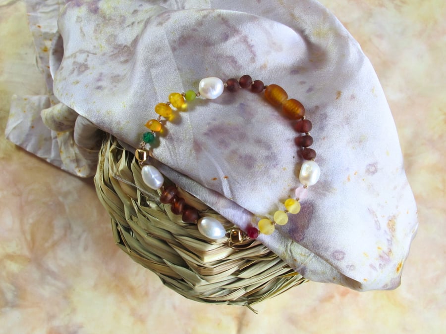 "Alice" Raw Baltic Amber and Pearl Bracelet with Ruby and Jade