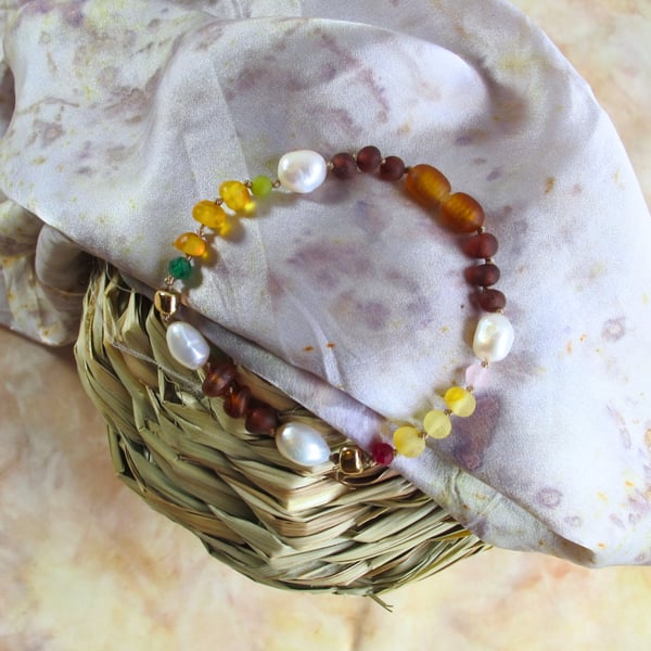 "Alice" Raw Baltic Amber and Pearl Bracelet with Ruby and Jade