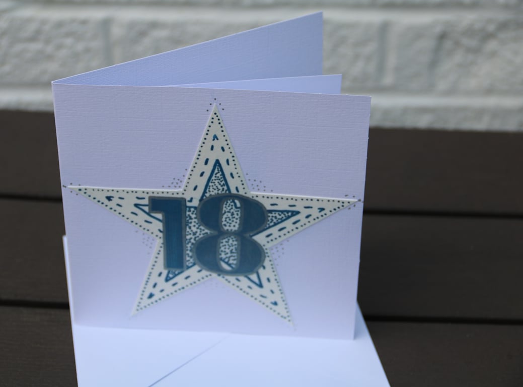 18th Birthday card - handdrawn blue & silver star, 6x6" card & envelope