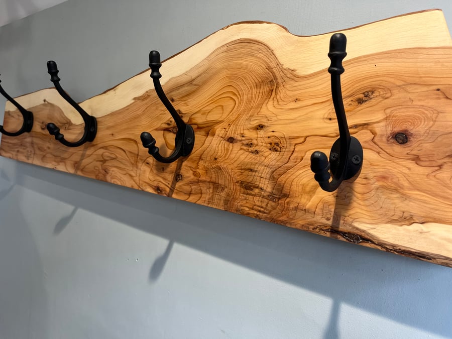 Yew wood coat rack live edge 4 cast iron hooks - Folksy