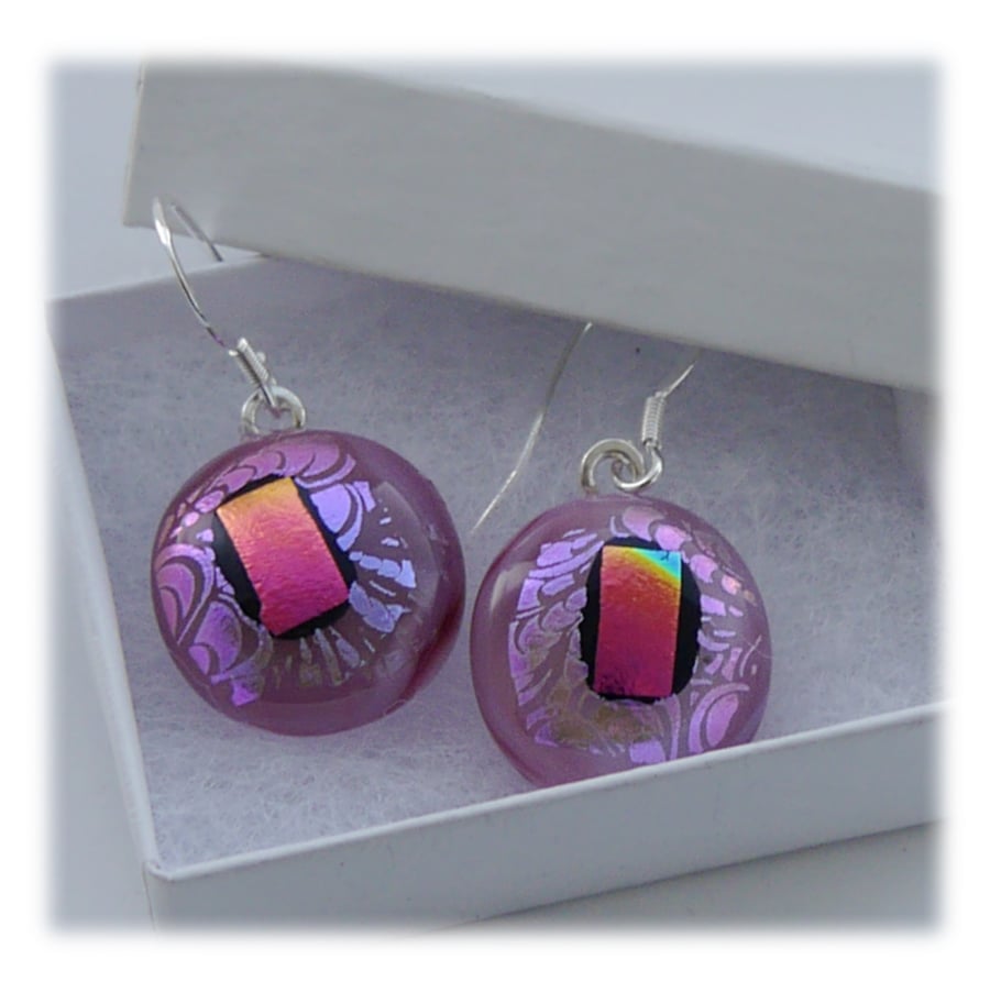 Handmade Fused Dichroic Glass Earrings 199 Pink Feathered