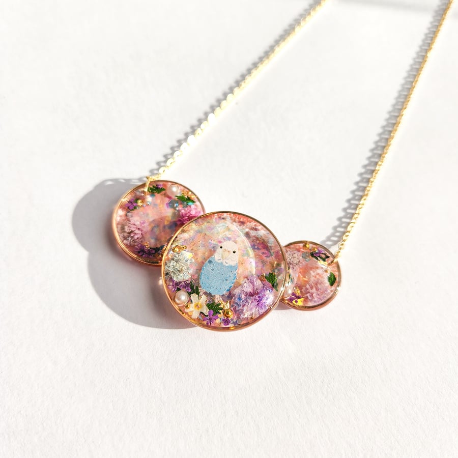 Bird Necklace with Real Dried Flowers