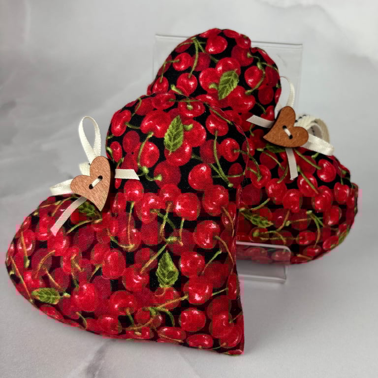 Handmade cherries hanging fabric hearts set of 2