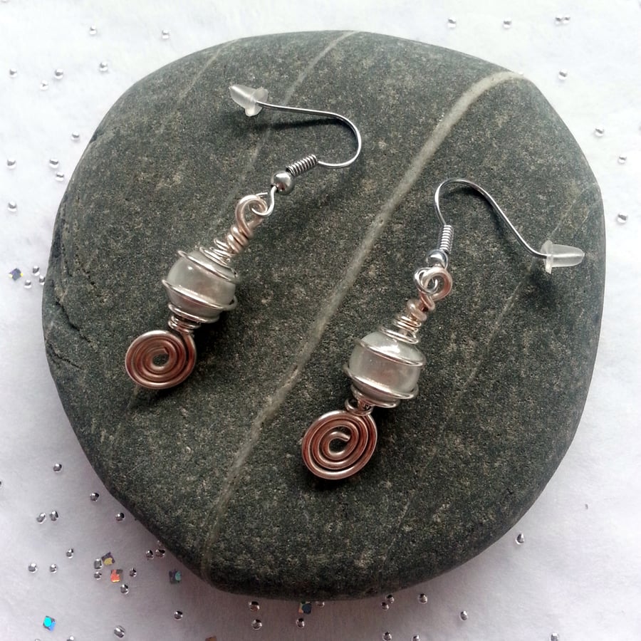 Ivory Miracle Bead Dangle Earrings - Silver Wire Wrapped Spiral Drop Earrings