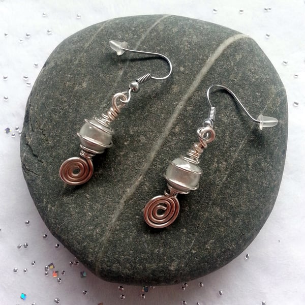 Ivory Miracle Bead Dangle Earrings - Silver Wire Wrapped Spiral Drop Earrings