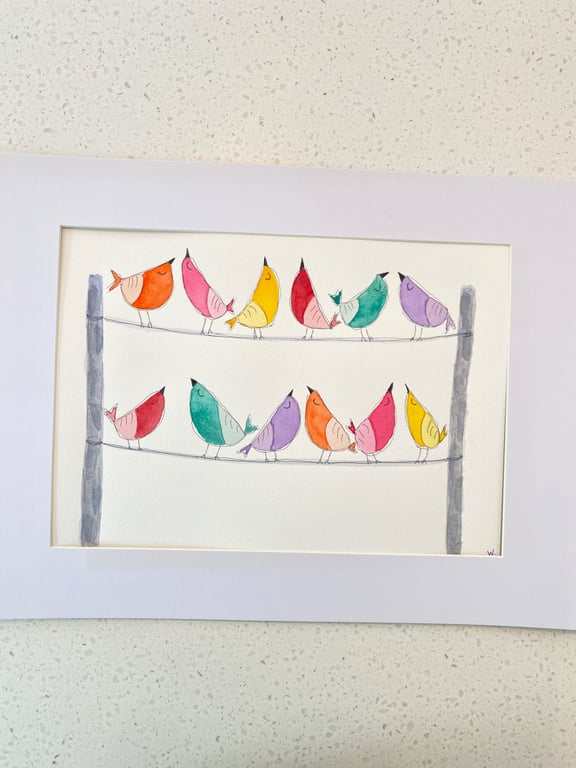 Bright Birds Dawn Chorus watercolour original artwork. Size A4 
