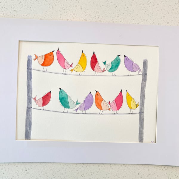 Bright Birds Dawn Chorus watercolour original artwork. Size A4 