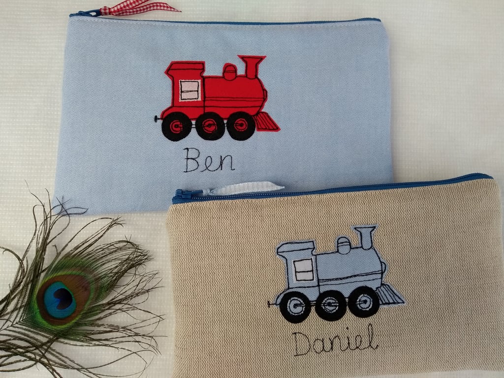 Personalised Train Pencil Case - Blue or Red Fabric Pen Pouch - Steam train gift