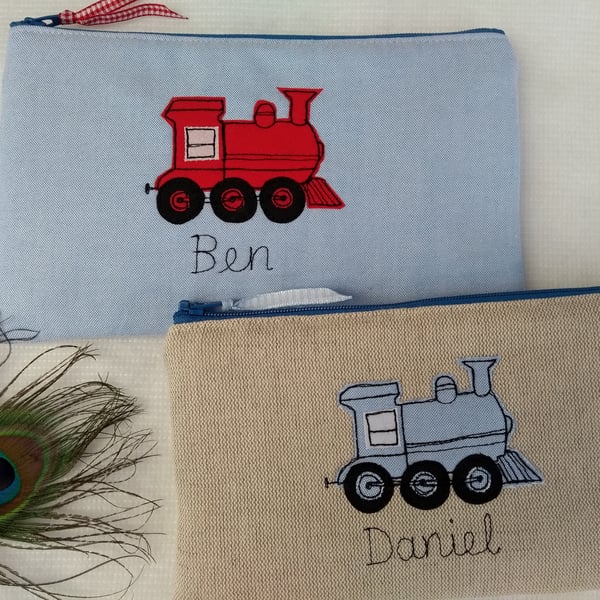 Personalised Train Pencil Case - Blue or Red Fabric Pen Pouch - Steam train gift