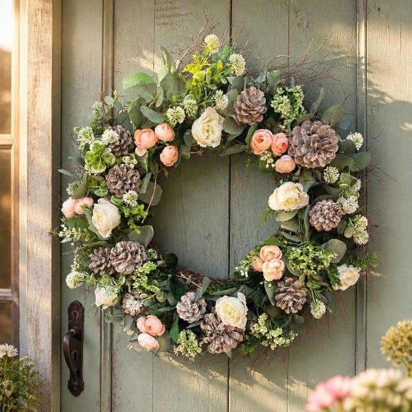 Artificial Eucalyptus Pine Cone Rose Wreath - Farmhouse Front Door Décor (56cm)