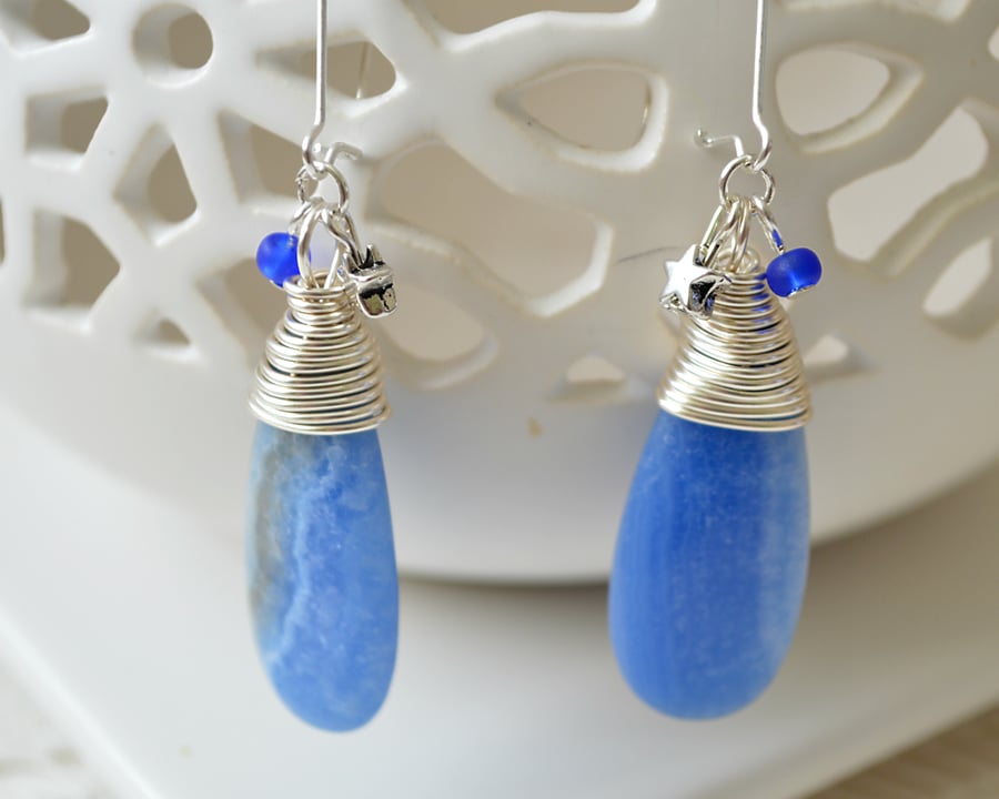 Sale 50% off! Wire Wrapped Blue Agate Earrings