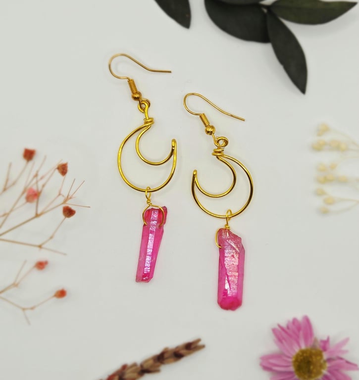 Pink Aura Quartz Crescent Moon Earrings, Gold Dangle Earrings, Celestial