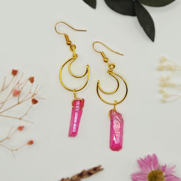 Pink Aura Quartz Crescent Moon Earrings, Gold Dangle Earrings, Celestial