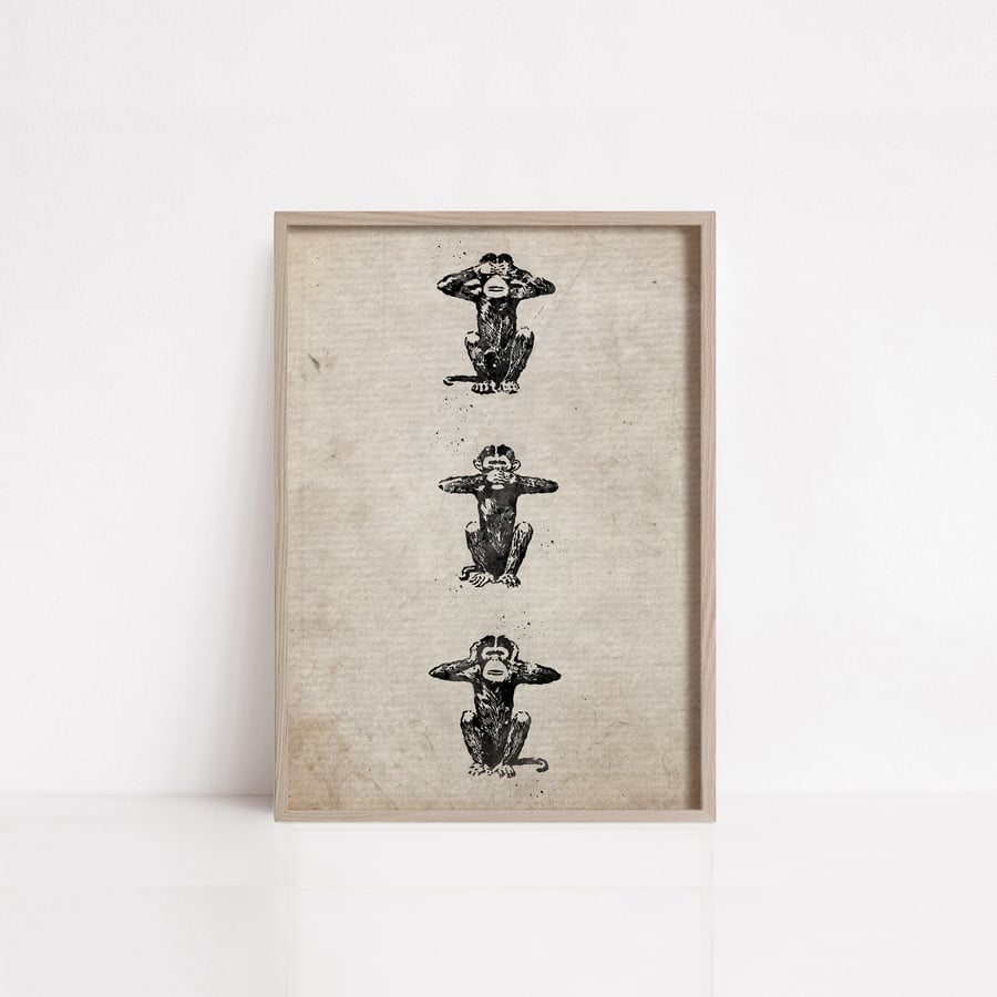 Stacked Three Wise Monkeys Ink Stamp art portrait print